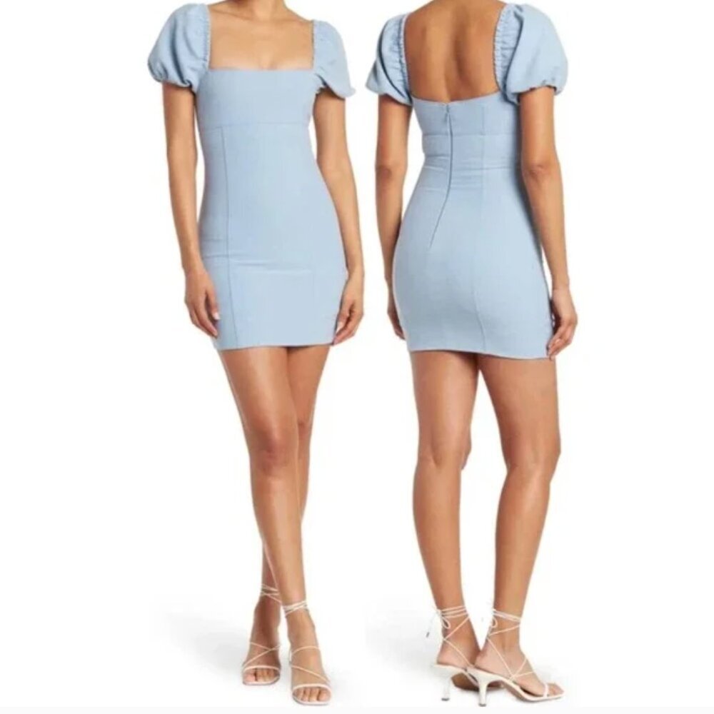 Cinq a Sept Dress Mini Square Neck Puff Sleeve Cloudy Day Blue Size 0